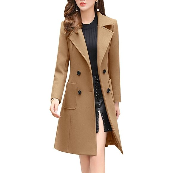Women Camel  Elegant Notched Collar Double Breasted Wool Blend Over Coat - Picture 1 of 4